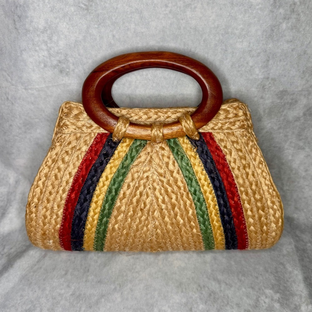 Vintage Woven Straw Rainbow Stripe Handbag with Wood Handles Beige Small